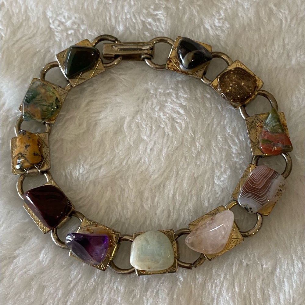 Multi Gemstone Gold Tone Link Bracelet 7 1/4”